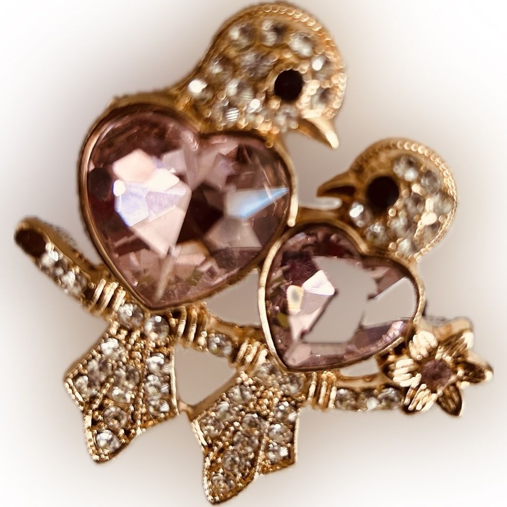 Vintage Style Goldplated Pink Love Birds Rhinestone Crystal Heart Fashion Brooch